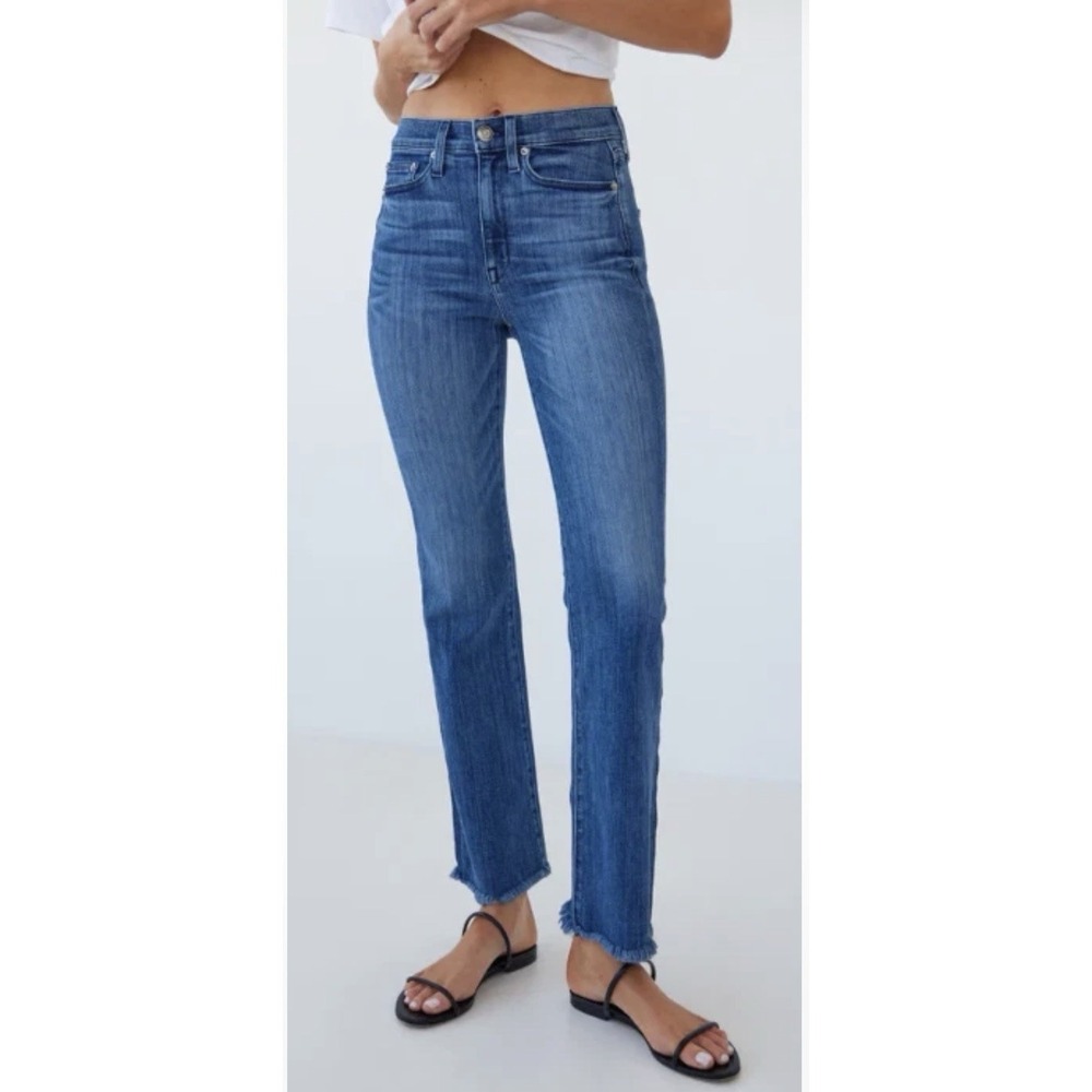AYR The Pop‎ Fray Jeans 32 Medium Wash Straight Crop Raw Hem Classic Stretch